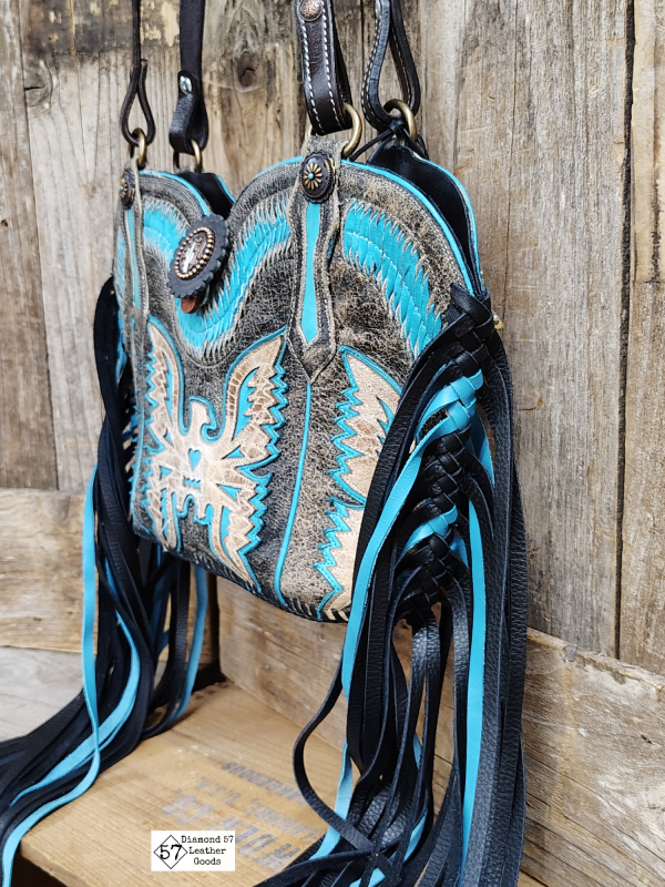 Black and turquoise cowboy boot purse fringe