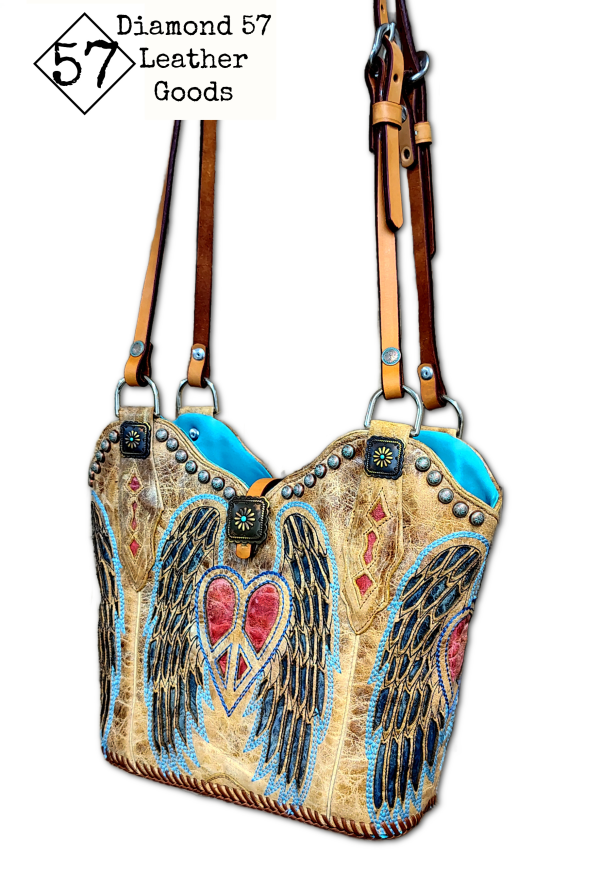Cowboy boot purse with heart and wings
