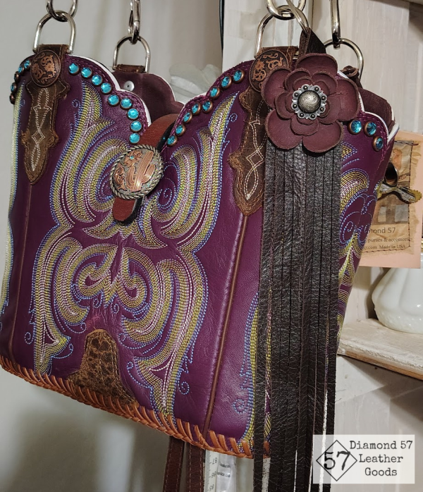 Purple cowboy boot purse with leather flower
