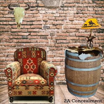 Western Armchair and Whiskey Barrel Side Table with Rustic Brick Wall