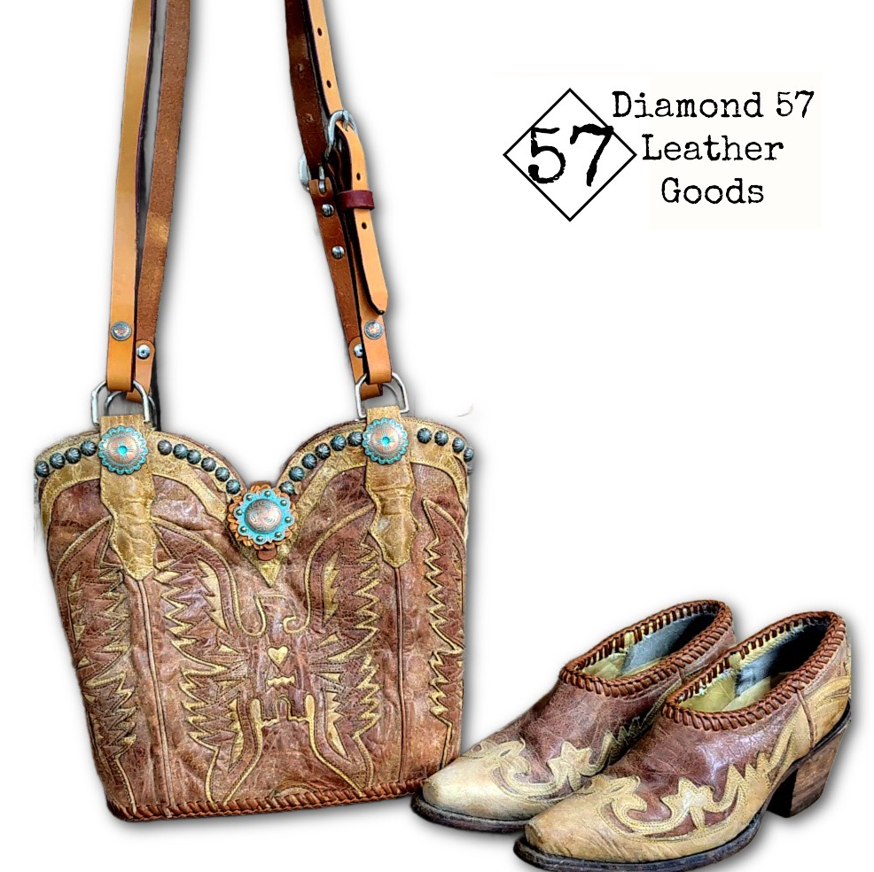 Cowboy boot purse with eagle inlay, Saddle tan, horse tack handles.