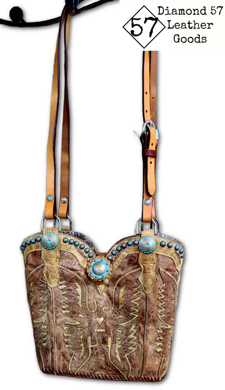 Cowboy boot purse with eagle inlay, horse tack handles.