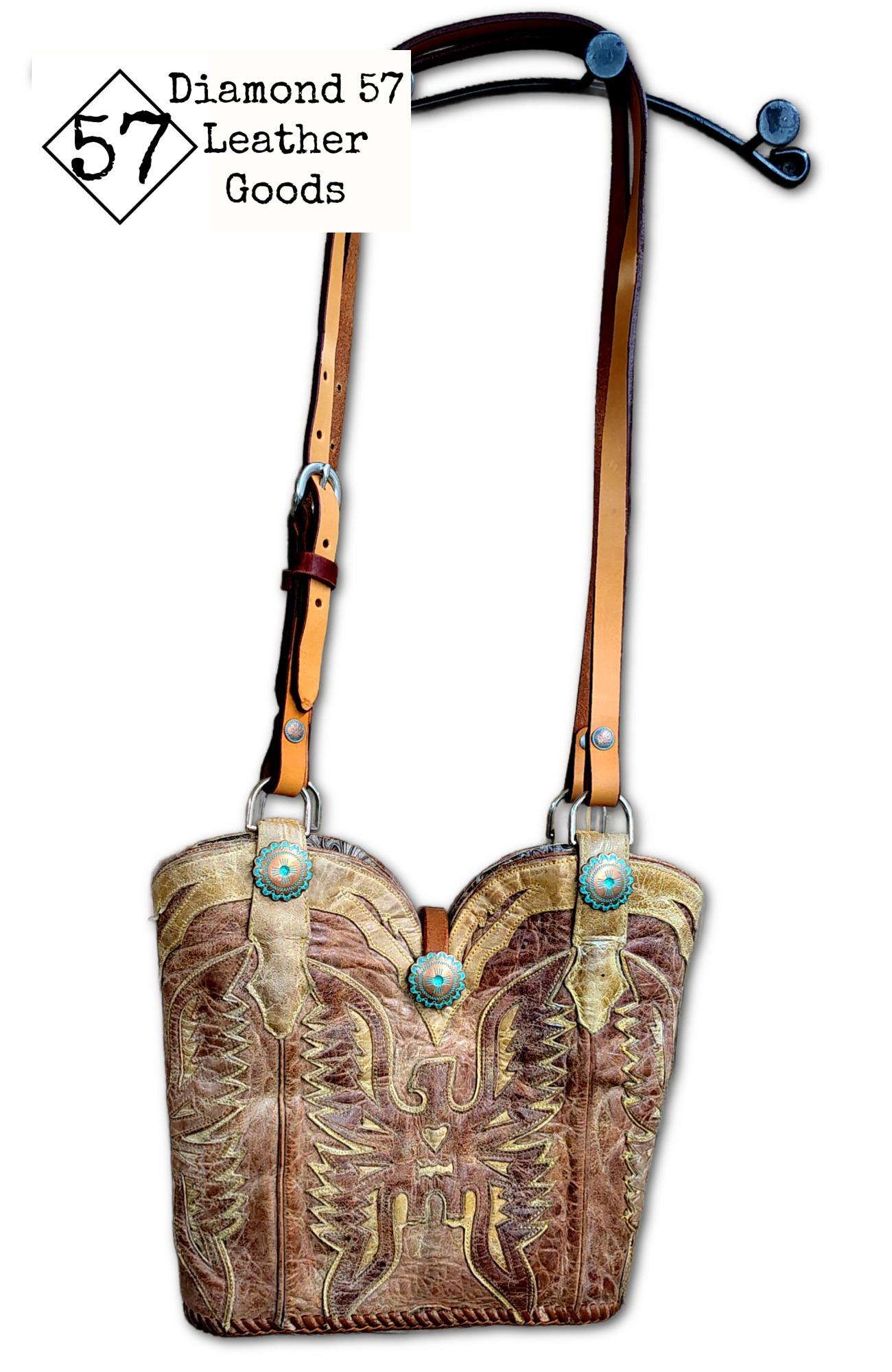 Cowboy boot purse with eagle inlay, Saddle tan, horse tack handles.
