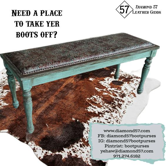 Western-Style Turquoise Bench with Cowhide Rug