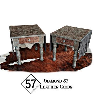 Pair of Handcrafted Western Nightstands with Cowhide Rug and Tooled Leather Tops