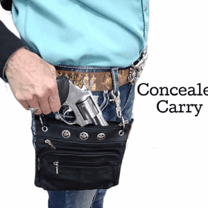 Black conceal carry bag. It snaps onto your belt loops to be safe and secure.