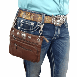 Brown Leather Hipster Bum Bag with Silver Conchos snaps onto your Jeans' belt loops