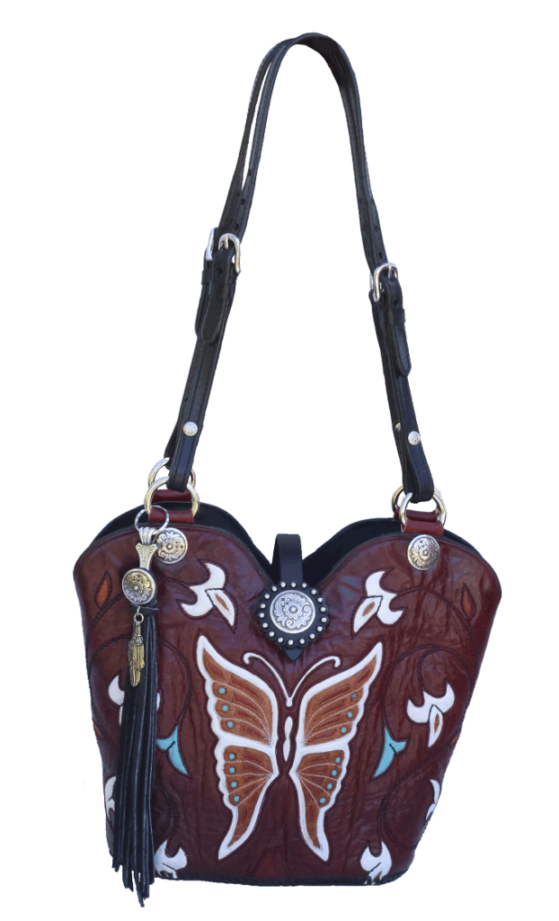 Handcrafted Brown Leather Purse with Butterfly Inlay and Concho Accents