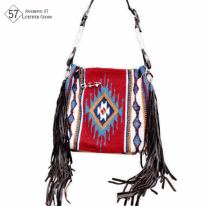 Handcrafted Red Saddle Blanket Bag with Turquoise and Gold Diamond Pattern