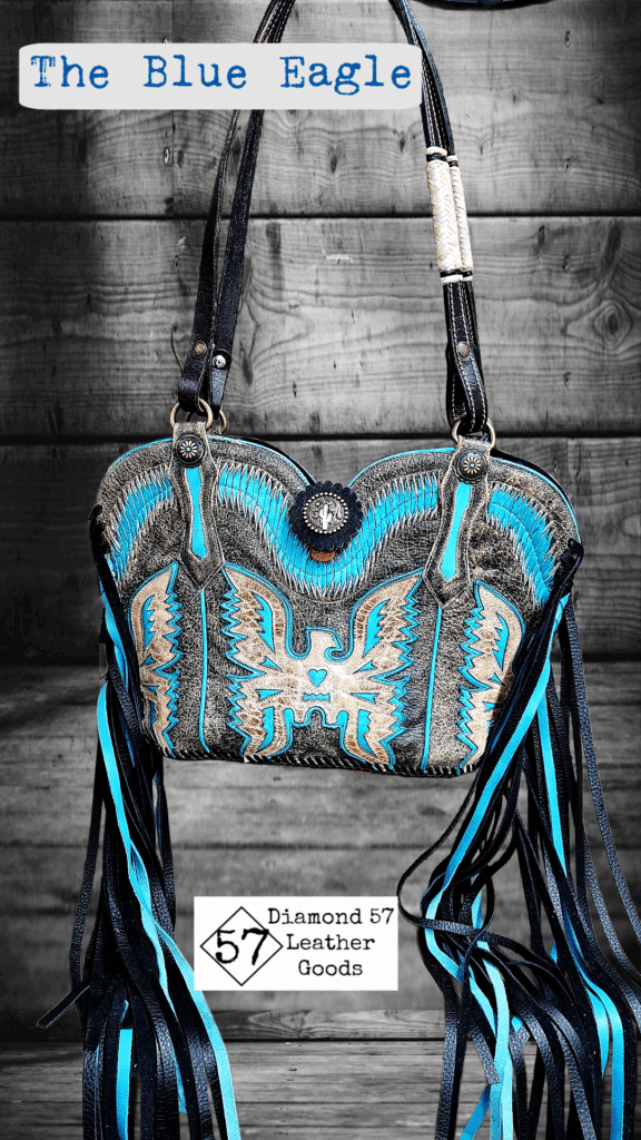 Rustic black and turquoise cowboy boot purse with inlay eagle and leather fringe.