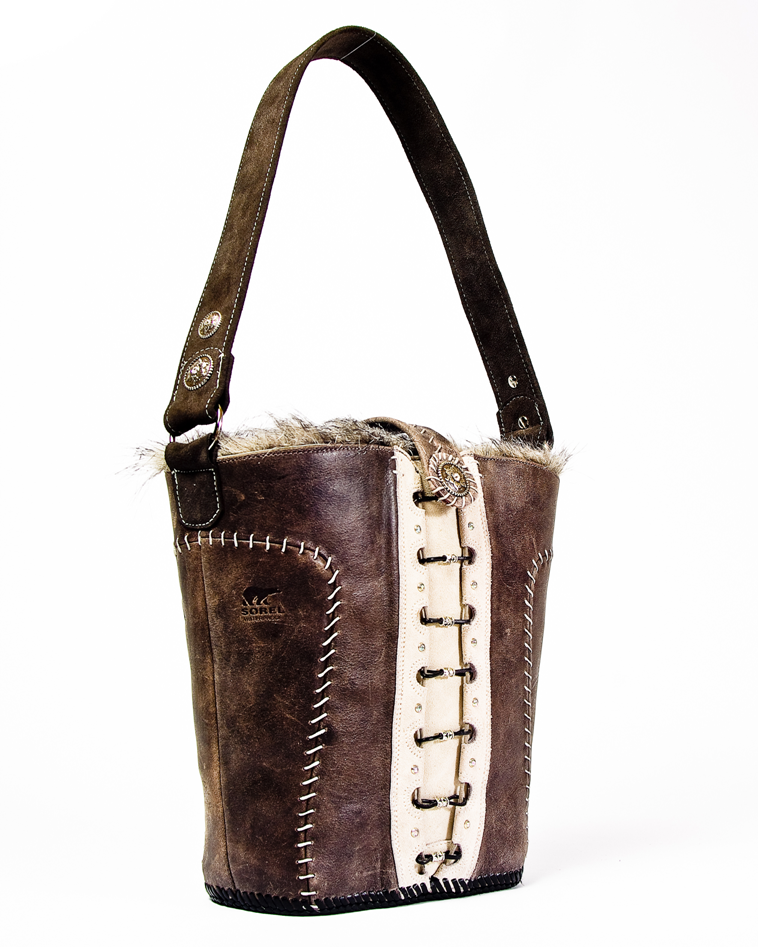 Brown Leather Bucket-Style Bag with White Lace-up Detailing on the Front