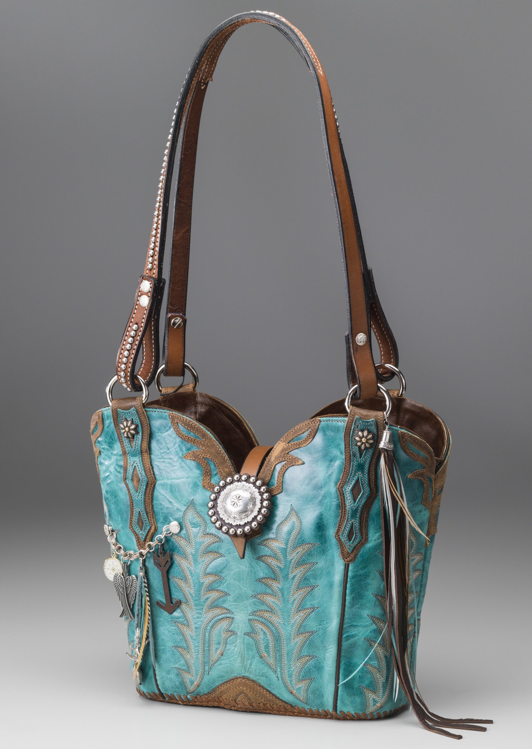 Turquoise Tooled Leather Handbag with Brown Accents
