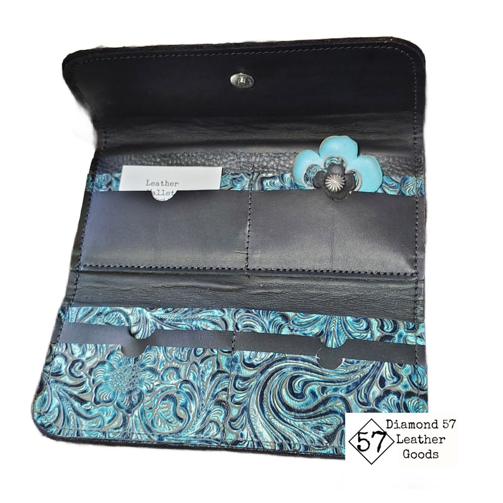 Black leather wallet with tooled turquoise leather accents.