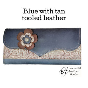 Navy Blue leather western wallet with tan tooled leather accent and lether flower with a concho on the front.