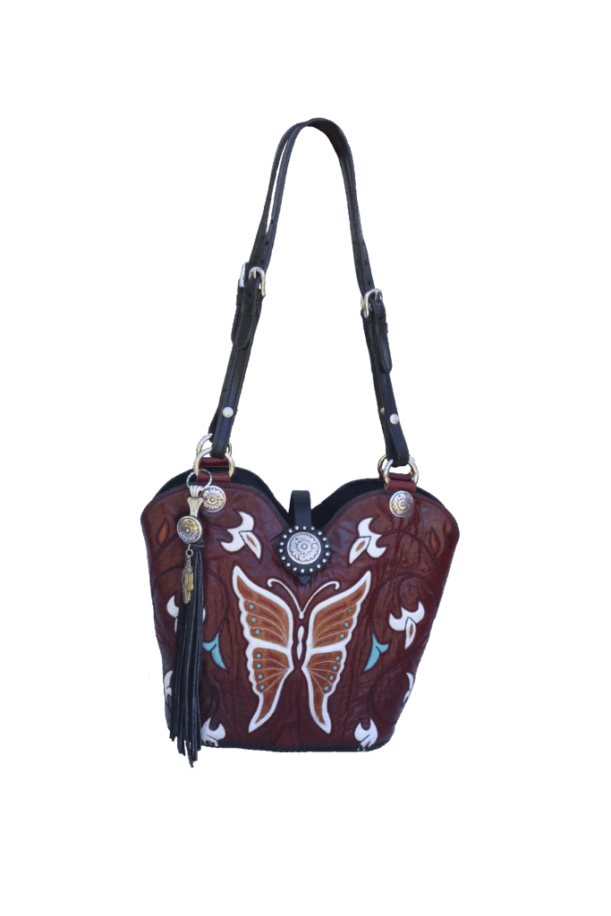 Brown Tooled Leather Handbag Featuring a Large Butterfly Design