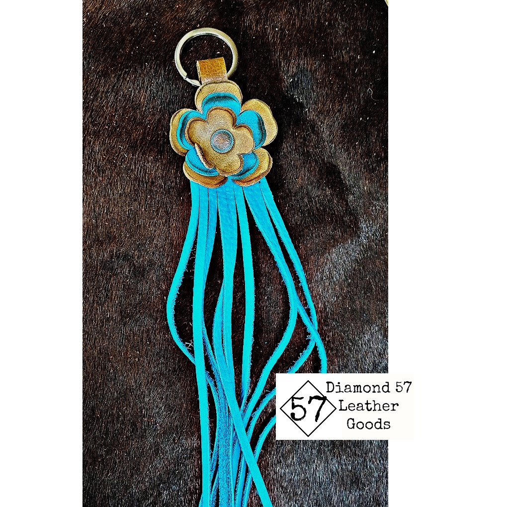 Turquoise leather flower key chain with fringe