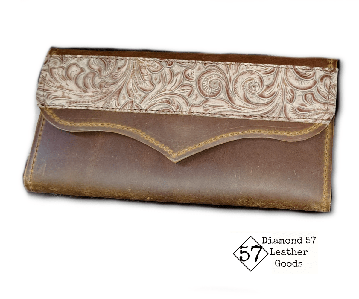 Brown women's western wallet, tri fold with slots for 12 cards, cash, recipets and zipper pocket