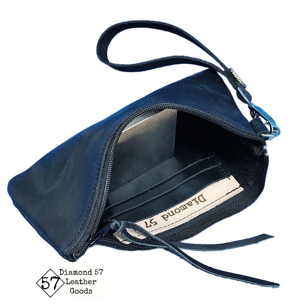 Dark Bue leather zipper wallet with card holder wallet inside. Clutch strap to match