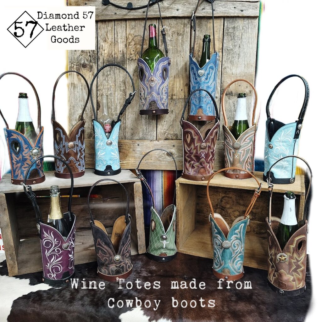 Display of Handcrafted Leather Wine Totes madw from cowboy boots