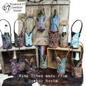 Display of Handcrafted Leather Wine Totes madw from cowboy boots